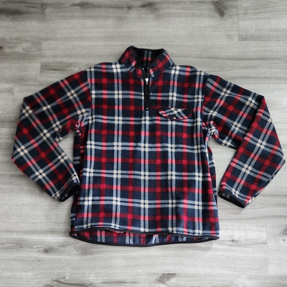 CHAPS Mens Plaid 1/4 Zip Fleece Pullover w/pockets Mock Neck Red/blue XL